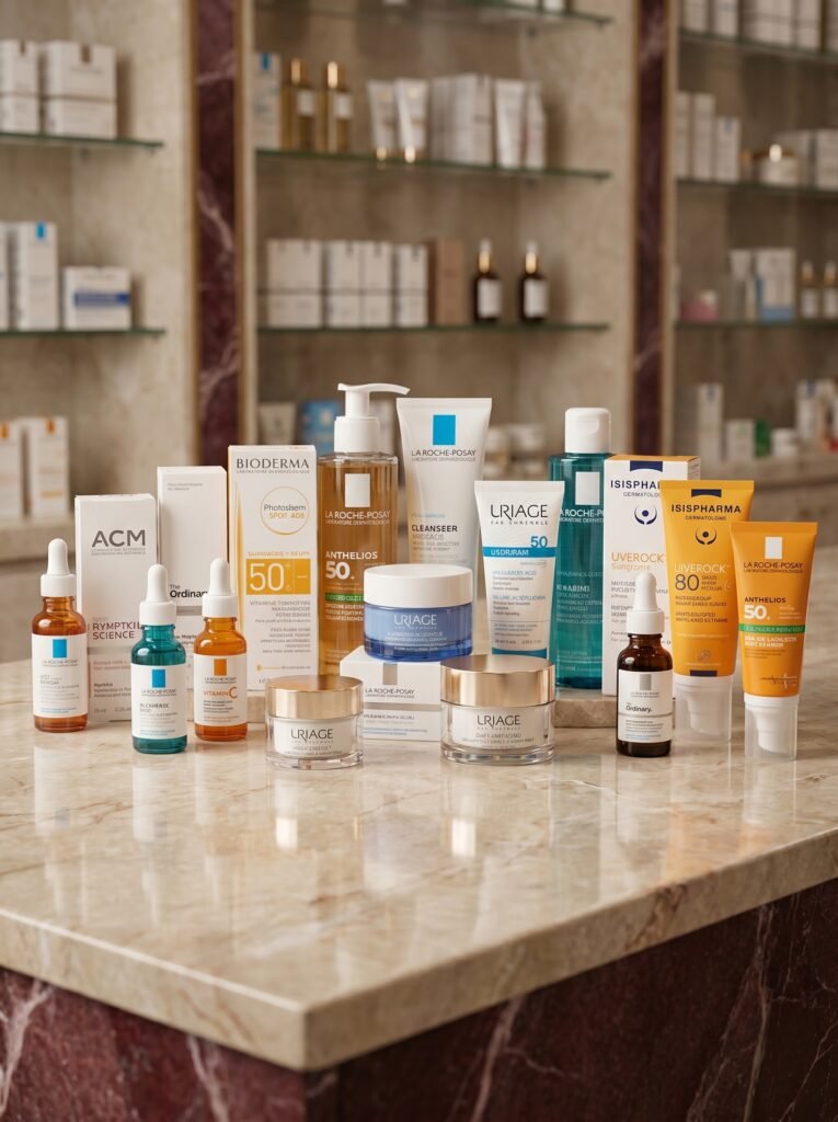 luxury pharmacy skincare product display, 202605162223
